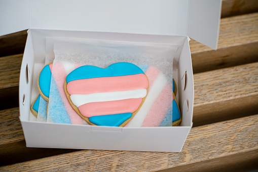 Within this simple box lies a powerful statement of celebration and visibility. Handmade cookies, each bearing the vibrant colors of the trans flag, symbolize the joy and resilience of the transgender community on this special day of recognition.