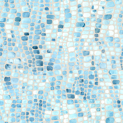 Abstract crocodile reptile scales blue and grey watercolor seamless background. Watercolour hand drawn animal skin mosaic print. Geometrical texture. Print for textile, wallpaper, wrapping paper.