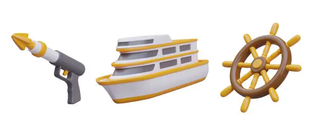 Vector illustration of Realistic single pronged harpoon, ship rudder, yacht. Fishing concept