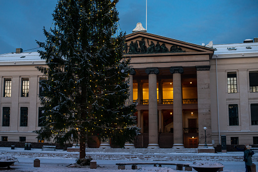 Christmas tree in Oslo, Norway, Building in the background is the Scandinavian Institute of Maritime Law.