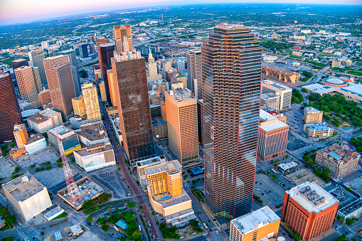 Beautiful downtown Dallas, Texas shot via helicopter from an altitude of about 1200 feet at dusk on an early spring evening.