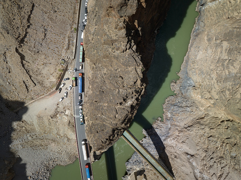 Aerial view of  traffic jam on the road to Lhasa,318trail in tibet, China