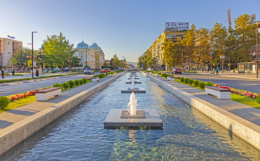 Krusevac, Serbia - October 12, 2023: Long Water Fountain With Geysers at Town Square Autumn Afternoon.