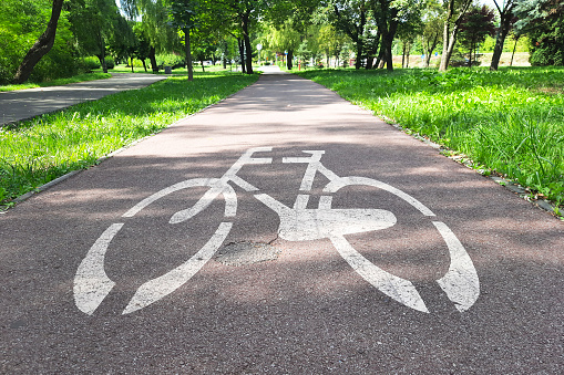Bike lane sign. Road markings on the asphalt. Concept of infrastructure development for ecological transport.