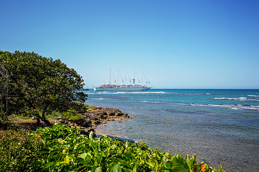 Dominican Republic, Puerto Plata  - March 09, 2024: Cruise ship Club Med 2 is leaving port. Club Med 2 is one of the largest sailing cruise ships in the world, carrying up to 386 passengers.