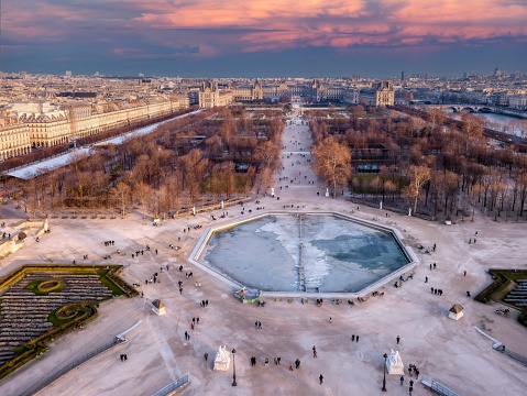 Aerial view of the The Tuileries Garden which is a public garden located between the Louvre Museum and the Place de la Concorde in the 1st arrondissement.
