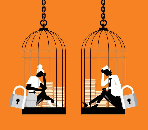 Vector illustration of Business people under in bird cage