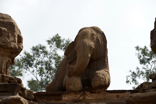 A rearing elephant statue at the entrance to the Jain temple in Walkeshwar, India represents the parable of the elephant and the blind men, one of the fundamental tenets in Jainism.