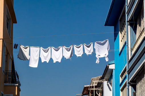 Istanbul, Turkey Fresh laundry hanging and drying on a clothesline outdoors  in the Balat district.