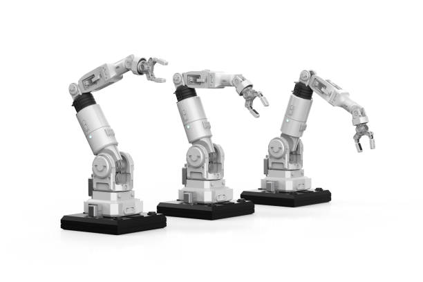 Employees are working at factory with robotic arms. Blue collar workers and technology concept,