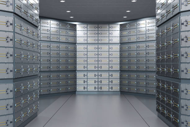 istock Safe deposit boxes inside bank vault interior 2126221043