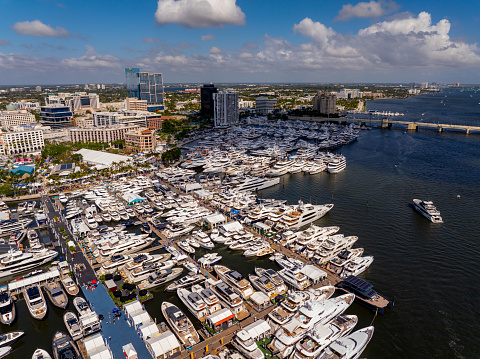 West Palm Beach, FL, USA - March 24, 2024: Aerial drone photo Palm Beach International Boat Show