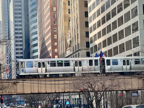 view of the chicago aerial metro in a street in the loop district with the city's skyscrapers and road traffic