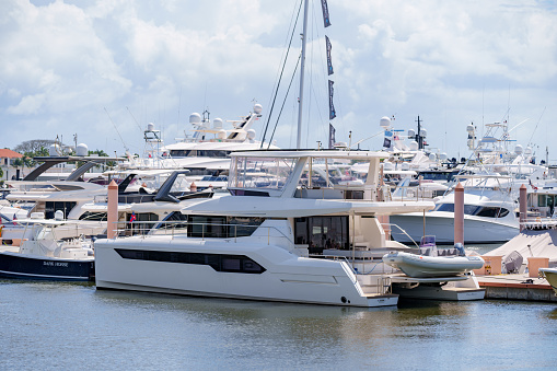West Palm Beach, FL, USA - March 24, 2024: Luxury catamaran yacht at the Palm Beach International Boat Show 2024