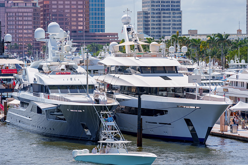 West Palm Beach, FL, USA - March 24, 2024: Multimillion dollar yachts at the Palm Beach boat show