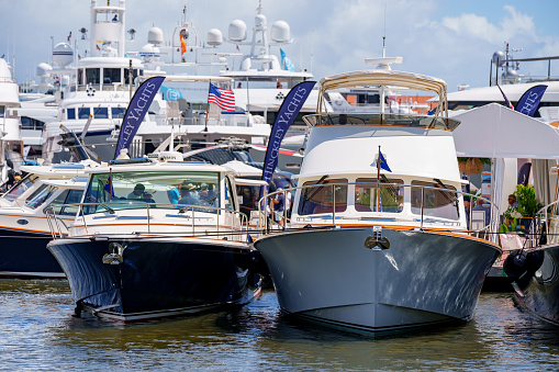 West Palm Beach, FL, USA - March 24, 2024: Closeup photo of luxury yachts at the Palm Beach International Boat Show