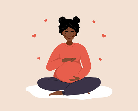 Pregnant woman in lotus position hugs her tummy. African female character waiting for baby. Happy girl meditates. Pregnancy and motherhood concept. Vector illustration in flat cartoon style.
