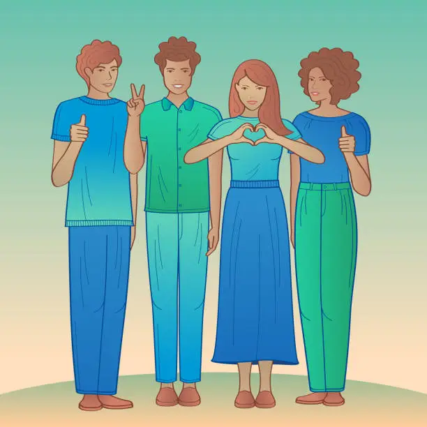 Vector illustration of group showing positive hand gestures