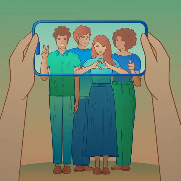 Vector illustration of Taking a group of friends picture with smartphone