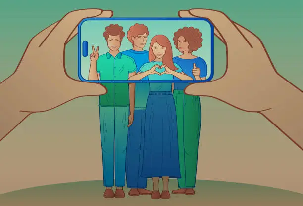 Vector illustration of Taking a group of happy friends picture with smartphone