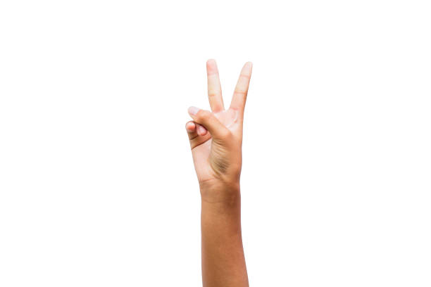 istock Woman's hands holding up fingers isolated on white background 2126319474