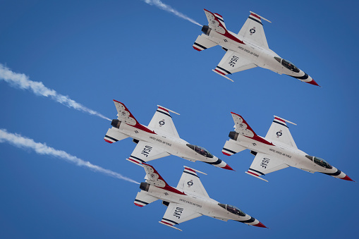 Tucson, Arizona, USA - March 24, 2023: The US Air Force Thunder Birds perform in the diamond formation at the 2023 Thunder and Lightning Over Arizona.
