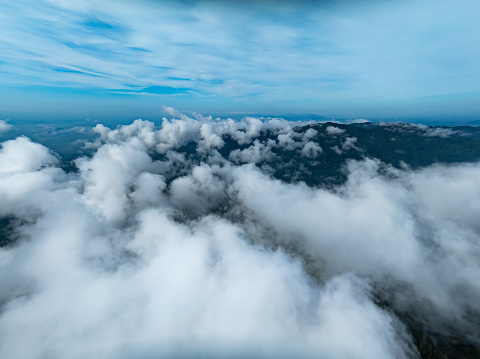 Amazing fog mist over mountains,Aerial view landscape drone shot beautiful nature background