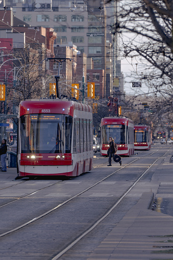 TORONTO, ON - FEBRUARY 2, 2024:  As the afternoon light wanes, a convoy of iconic TTC red streetcars travels down Spadina Avenue, with commuters crossing and waiting, showcasing the daily rhythm of transit and pedestrian life in the bustling heart of Toronto, Ontario.
