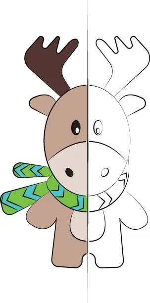 Vector illustration of Cute elk cartoon character coloring pages for kids' activities. Pages feature partially colored images as examples for coloring. Ideal for kids and toddlers learning to color. Template colouring pages