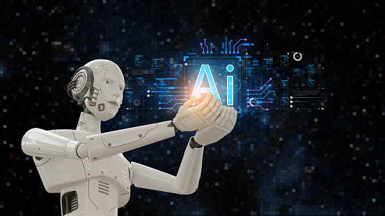 Robot finger, Artificial intelligence, robo advisor ,Big data, robotic future technology and business concept.Robot finger on blurred background using digital artificial intelligence interface.