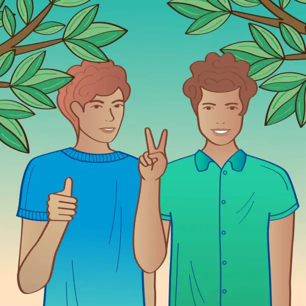 Vector illustration of Two male friends making hand gestures