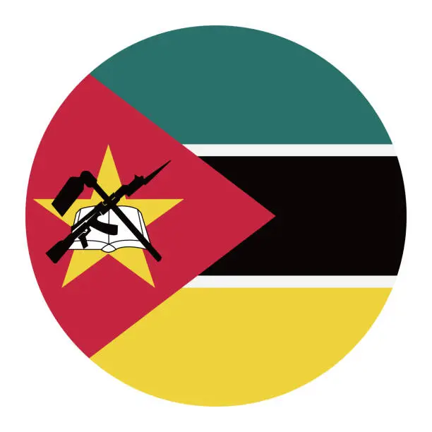 Vector illustration of Mozambique flag. Button flag icon. Standard color. Round button icon. The circle icon. Computer illustration. Digital illustration. Vector illustration.