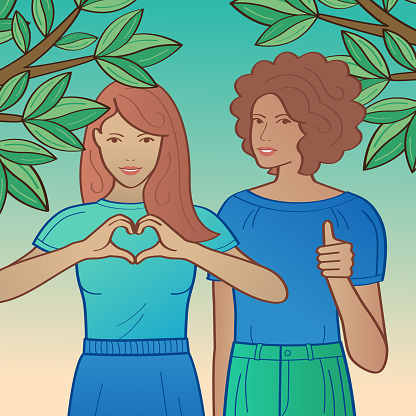 Two female friends making hand gestures. One shows ok sign and the other heart symbol. Happy and beautiful friends. Body language, communication. Togetherness. Vector illustration.