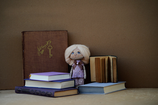 Handmade dolle and books on the table