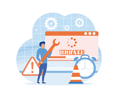 System Update. Tiny programmers upgrading operating system. IT specialists updating software, programs service. Web page with updating progress bar and alarm clock. flat vector modern illustration