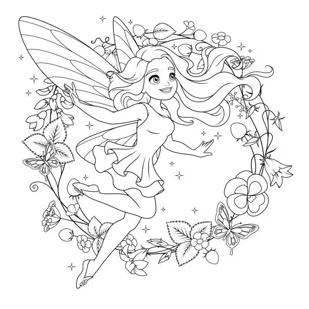 Vector illustration of Beautiful flying fairy with wings surrounded with flowers. Vector coloring page.