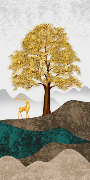 istock 3d modern art mural wallpaper with dark blue Jungle, forest dark blue background christmas golden tree, golden deer, and wavey mountains. 2126649304