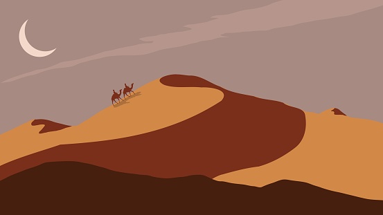 vector of camels in the desert at night, landscape background