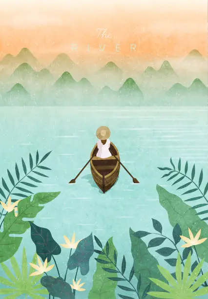 Vector illustration of A woman rows with oars while sitting in a boat. Peaceful river, surrounded by lush greenery beauty nature. Tranquil sunset, Mountain landscape. Spring, summer concept. Flat vector illustration.