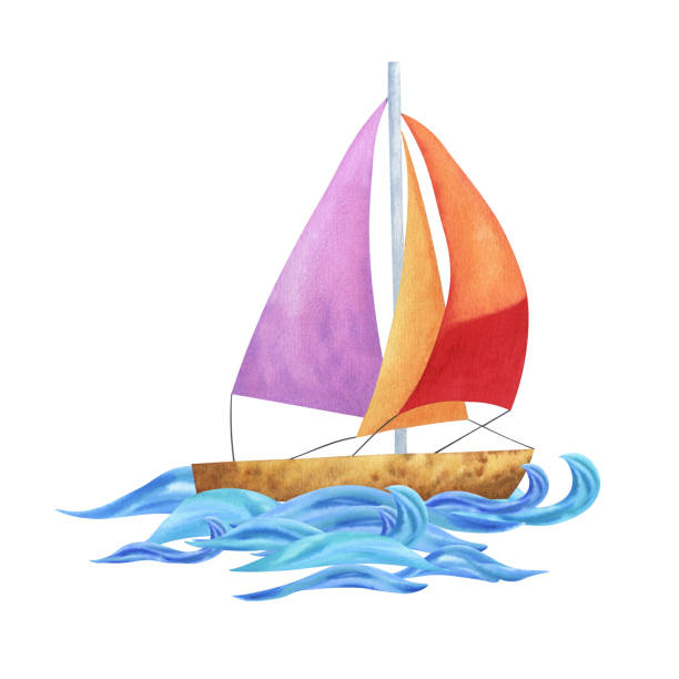 istock Composition with a sailing boat in the sea. The illustration is painted in watercolor 2126708049