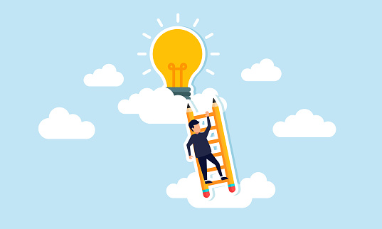 Innovative work stems from creative ideas, inspiration, and imagination, concept of A creative businessman ascends a pencil ladder toward a cloud to seek innovative ideas