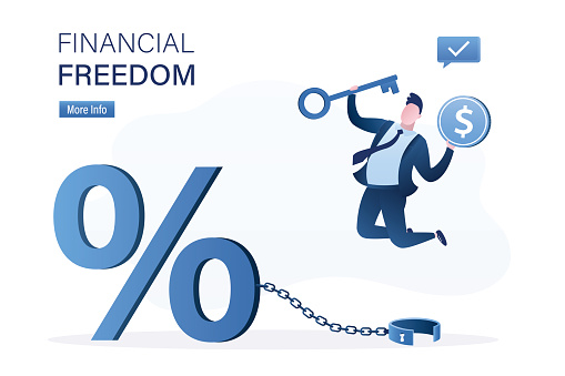 Financial freedom concept. Borrower opened shackles with key and freed himself from chain. Exemption from business problems, loans. Forced bankruptcy. Overcoming financial obstacles. flat vector