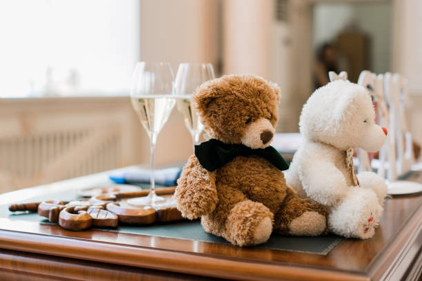 a soft toy bears on the table in the room