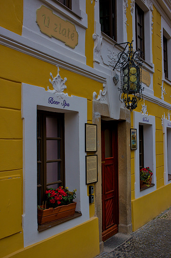 Prague, Czech Republic October 8, 2023: Restaurant At Golden pear (U Zlate hrusky) at Mala Strana district. Romantic atmosphere at any time of the year. A popular place among many tourists.