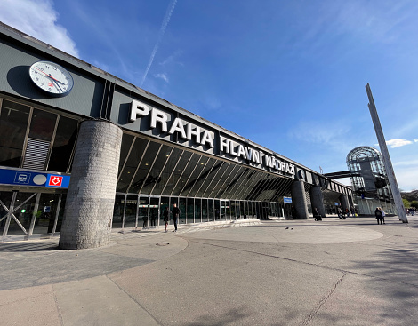 Prague, Czech Republic - March 27, 2024: Entrance to the hall of the main railway station of Prague.