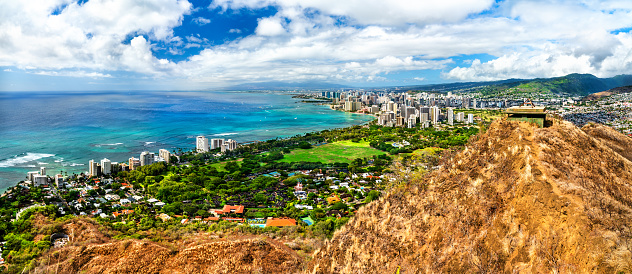 Aerial view of Waikiki in Honolulu city from Diamond Head Crater in Oahu Island, Hawaii