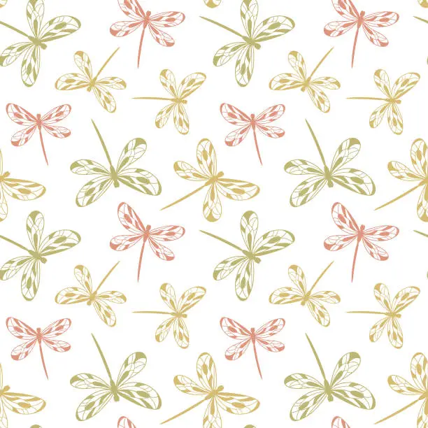 Vector illustration of Decorative summer background with flying dragonflies seamless vector pattern