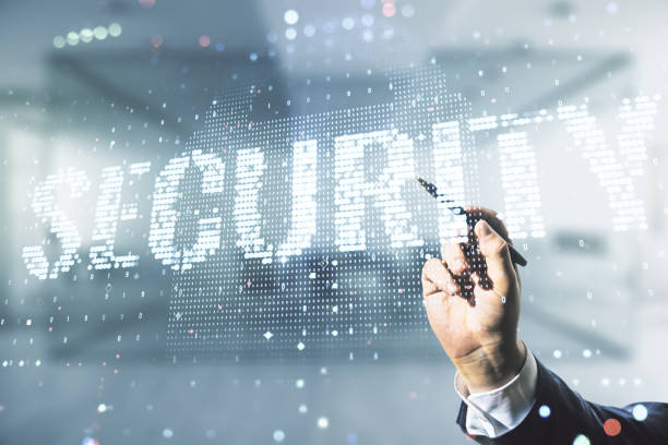 istock Male hand with pen draws virtual cyber security creative concept on blurred office background. Double exposure 2126840558