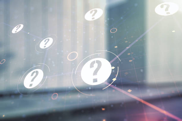 istock Abstract virtual question mark illustration on blurry modern office building background. FAQ and search concept. Multiexposure 2126842627