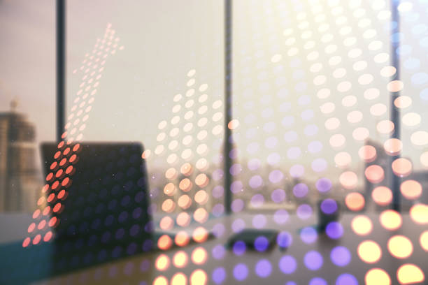 istock Creative abstract upward arrows sketch and modern desk with computer on background, target and goal concept. Multiexposure 2126842631